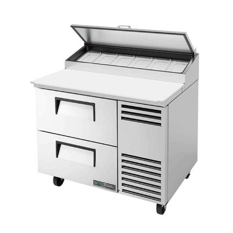 True Mfg. TPP-AT-44D-2-HC 44" Solid Drawer Pizza Prep Table with Angled Top and Hydrocarbon Refrigerant