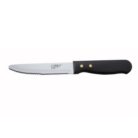 Winco K-85P Jumbo Steak Knife with 5" Serrated Blade and Black Plastic Riveted Handle