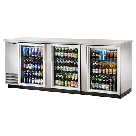 True Manufacturing TBB-4G-S-HC-LD 90 3/8" Glass Door Stainless Steel Back Bar Refrigerator with LED Lighting