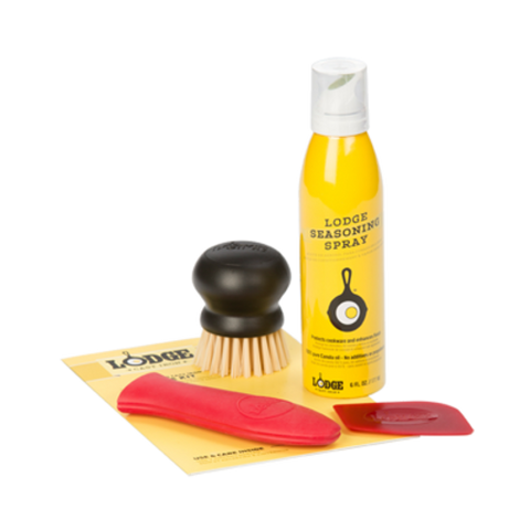 A-CAREC1 Lodge Cast Iron Care Kit w/ 6 Oz. Seasoning Spray,Pan Scraper,Handle Holder,& Scrub Brush