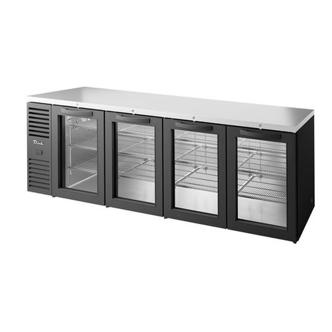 True Mfg. TBR108-RISZ1-L-B-GGGG-1 108" Four-Door Back Bar Refrigerator with Glass Swing Doors, Black