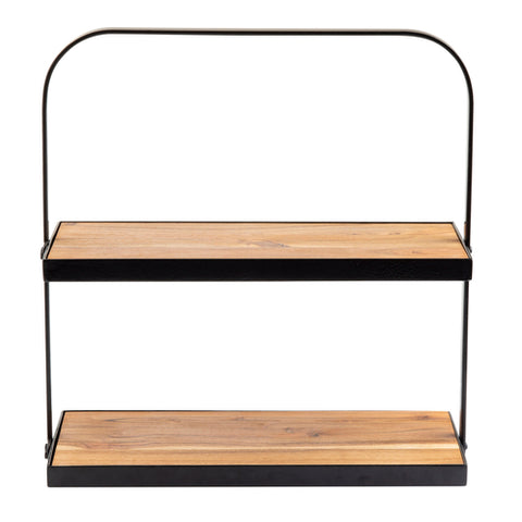 10718 TableCraft Products Rectangular Two-Tiered Display Stand, Collapsible, 17.3 x 8 x 18&quot;, Acacia &amp; Black Powder Coated Metal-Tablecraft Products