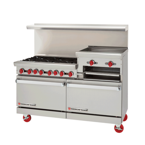 American Range AR-8B-24RG 72 in 8-Burner Gas Range with 24 in Raised Griddle/Broiler and Double Standard Ovens