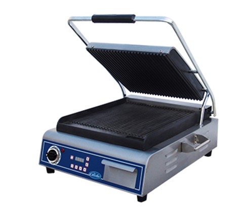 Globe GPG14D Deluxe Single Panini Grill, 14 x 14 Grooved Cast Iron Plates, 120V