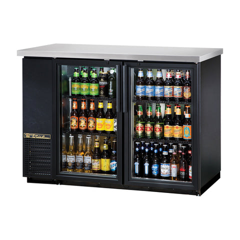 True Mfg. TBB-24-48G-HC-LD 49" Two-Section Glass Door Back Bar Refrigerator with LED Lighting