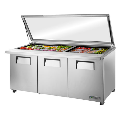 True Manufacturing TSSU-72-30M-B-ST-FGLID-HC 72" 3-Door Mega Top Sandwich/Salad Prep Table with Flat Glass Lid