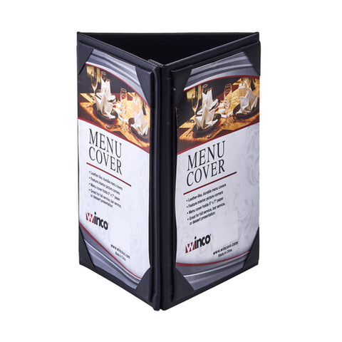 LMTT-57BK Winco 5" x 7" Black Leatherette Triple View Menu Tent-WINCO