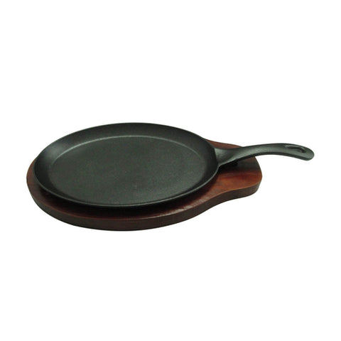 Winco FS-2 Cast Iron Fajita Server 2-Piece Set with Wooden Underliner