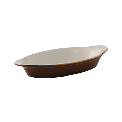 Tuxton China B1N-080 8 oz. Oval Ceramic Welsh Rarebit, Caramel/Eggshell