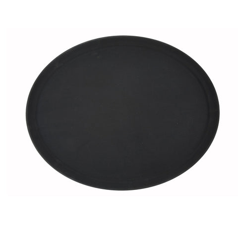 Winco TRH-2722K 27 x 22 Oval Rubber-Lined Black Plastic Serving Tray