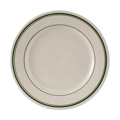 TGB-008 Tuxton Green Bay 9" Eggshell Wide Rim Rolled Edge China Plate w/ Green Bands