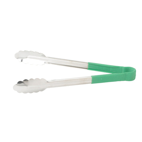 Winco UTPH-9G 9" Heavy-Duty Stainless Steel Utility Tongs with Green Polypropylene Handle