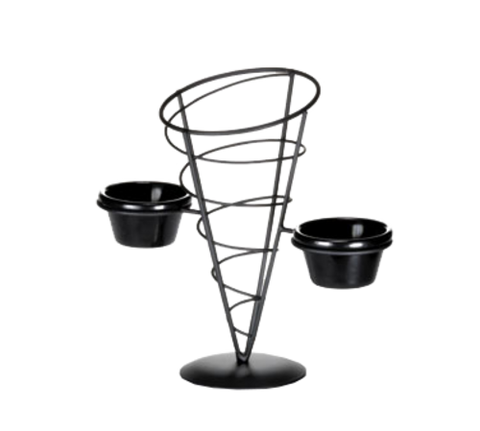 ACR259 Tablecraft 5" x 9" Vertigo Black Appetizer Wire Cone Basket w/ (2) Ramekins