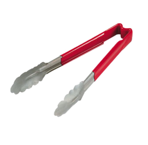 Vollrath 4780940 9.5" Stainless Steel One-Piece Scalloped Tongs with Red Kool-Touch Handle