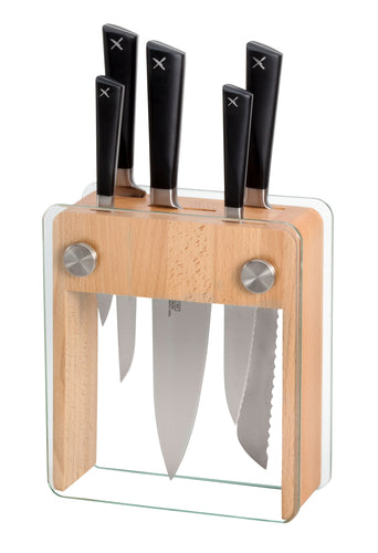 Mercer Culinary M19105 ZüM 6-Piece Knife Block Set with Rubberwood and Tempered Glass Block