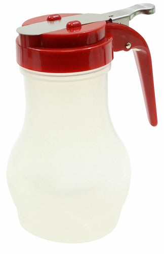 PP410RE Tablecraft 10 Oz. Polypropylene Teardrop Syrup Dispenser w/ Red ABS Top