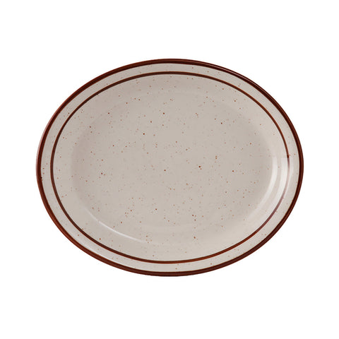 Tuxton China TBS-041 Bahamas 8-1/2" x 6-7/8" Oval China Platter - American White/Eggshell with Brown Speckle
