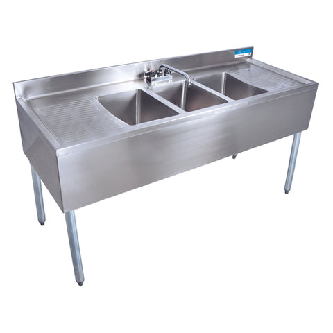 BK Resources UB4-18-372TS 72" Three-Compartment Slim-Line Underbar Sink with Two Drainboards and Faucet