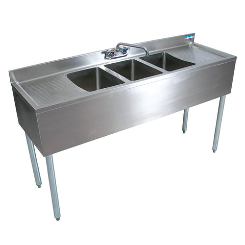BK Resources UB4-21-360TS 60" Three Compartment Underbar Sink with Two Drainboards and Workforce Faucet