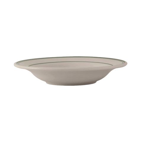 Tuxton China TGB-003 Green Bay 9 oz. Wide Rim Round Soup Bowl - American White/Eggshell with Green Bands