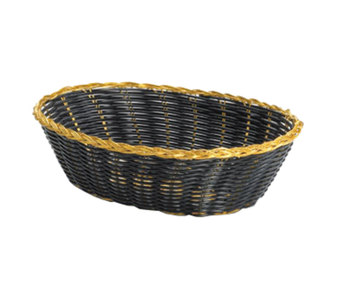975B Tablecraft 9" x 6-1/2" x 2-1/2" Black Vinyl w/ Gold Trim Oval Ratten Basket