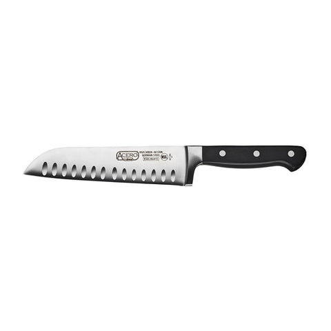 Winco KFP-70 Acero 7" Santoku Knife with Granton Edge and Black POM Handle