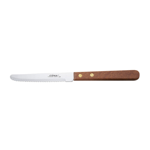Winco K-55W Serrated Steak Knife with 4-1/2" Blade and Wooden Handle