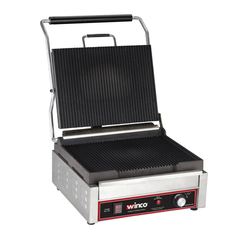 Winco EPG-1C Single Panini Grill with 14 x 12 Ribbed Cast Iron Plates
