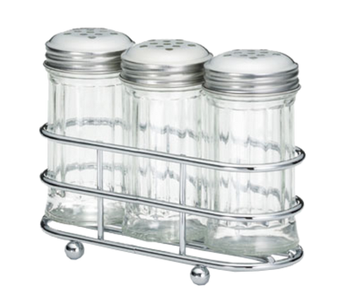 659N Tablecraft 2 oz. Fluted Glass Condiment Shakers & Rack