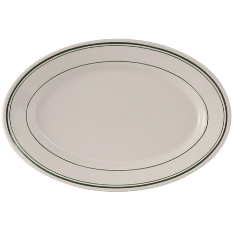 TGB-013 Tuxton Green Bay 11-5/8" x 8" Eggshell Wide Rim Oval China Platter w/ Green Bands