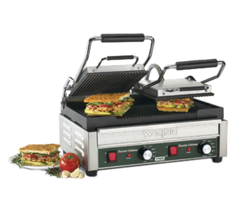 Waring WPG300 Double Ribbed Panini Grill, 17 in x 9.5 in Cooking Surface (240V)