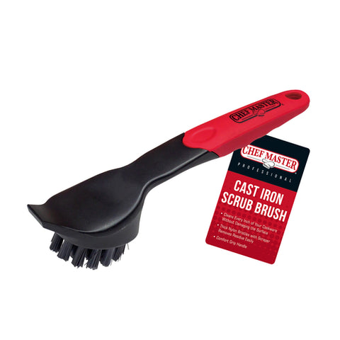 90058 Chef Master Cast Iron Scrub Brush 9-4/5" With Scraper, Red Grip Handle-CHEF MASTER