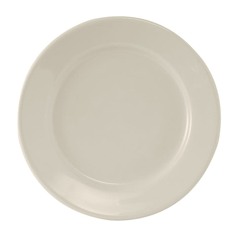 Tuxton China TRE-009 9-5/8" Round Reno Wide Rim Rolled Edge Plate - American White/Eggshell