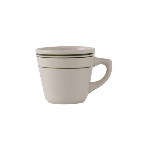 Tuxton China TGB-001 Green Bay 7 oz. Eggshell China Tall Cup with Green Bands