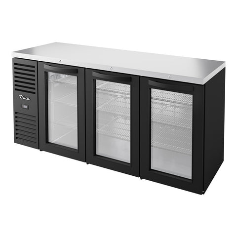 True Mfg TBR72-RISZ1-L-B-GGG-1 72" Back Bar Refrigerator with 3 Glass Swing Doors, Black