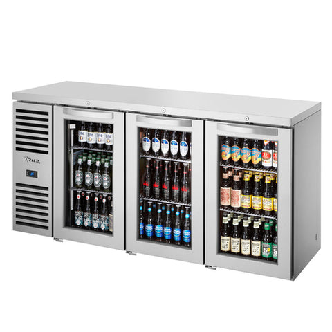 True TBR72-RISZ1-L-S-GGG-1 72" Back Bar Refrigerator with 3 Swinging Glass Doors, Stainless Steel