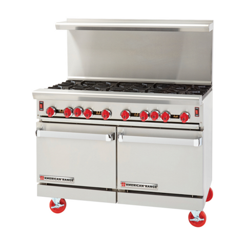 American Range ARGF-8 Green Flame 48 inch 8-Burner Gas Restaurant Range with (2) Space Saver Ovens