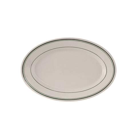 Tuxton China TGB-033 Green Bay 7" x 4 5/8" Eggshell Wide Rim Rolled Edge Oval China Platter with Green Bands
