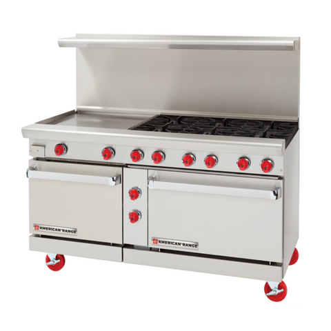 American Range AR-24G-6B 60 in Gas Restaurant Range with 6 Burners, 24 in Griddle, and 2 Standard Ovens