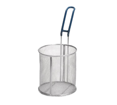 Tablecraft 986 6.5" Round Stainless Steel Pasta Basket with Blue Cool Touch Handle