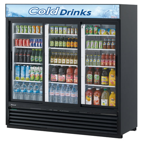 TGM-69RB-N Turbo Air 78" Black 3-Section Glass Door Merchandiser w/ Sliding Doors-Turbo Air