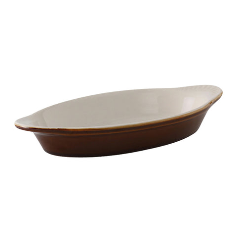 Tuxton China B1N-120 12 oz. Oval Welsh Rarebit Dish, Caramel/Eggshell