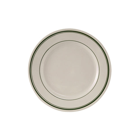 TGB-005 Tuxton Green Bay 5-1/2" Eggshell Wide Rim Rolled Edge China Plate w/ Green Bands-Tuxton China