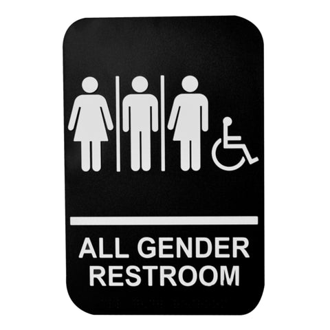Tablecraft 695653 All Gender Restroom ADA Compliant Sign, White on Black with Braille, 6" x 9"