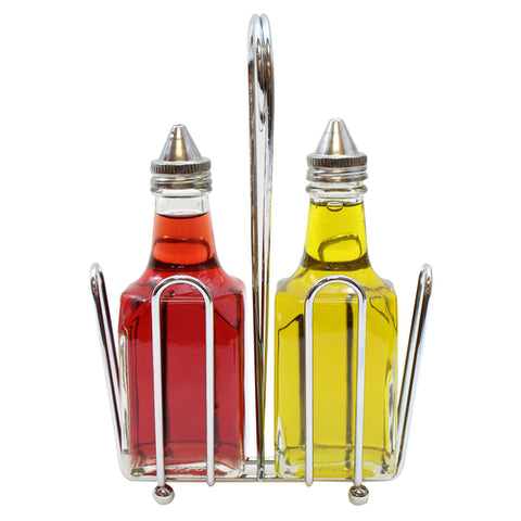 Tablecraft Products 600ST European Collection 6 oz. 3-Piece Clear Glass Oil and Vinegar Cruet Set with Chrome Rack