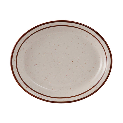 Tuxton China TBS-014 Bahamas 13 1/4" x 10 1/2" Brown Speckle Narrow Rim Oval China Platter