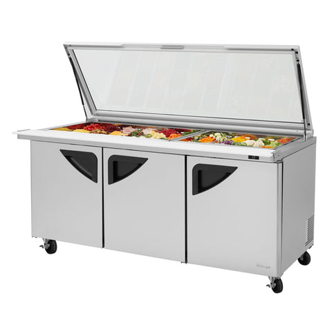 TST-72SD-30-N-GL Turbo Air 73" 3 Door Mega Top Sandwich/Salad Prep Table w/ Hinged Glass Lid