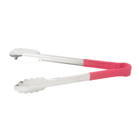 Winco UTPH-12R 12" Heavy-Duty Stainless Steel Utility Tongs with Red Polypropylene Handle