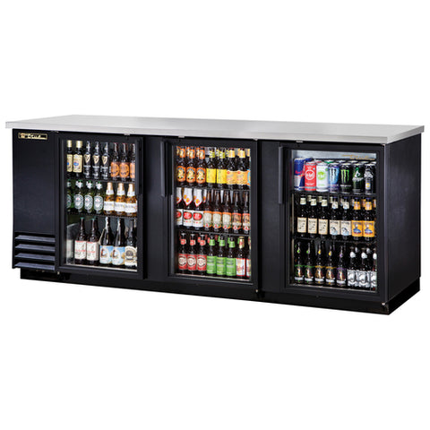 TBB-4G-HC-LD True 90" Black 3-Section Back Bar Refrigerator w/ Glass Doors