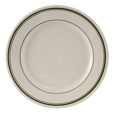 TGB-016 Tuxton Green Bay 10-1/2" Eggshell Wide Rim Rolled Edge China Plate w/ Green Bands